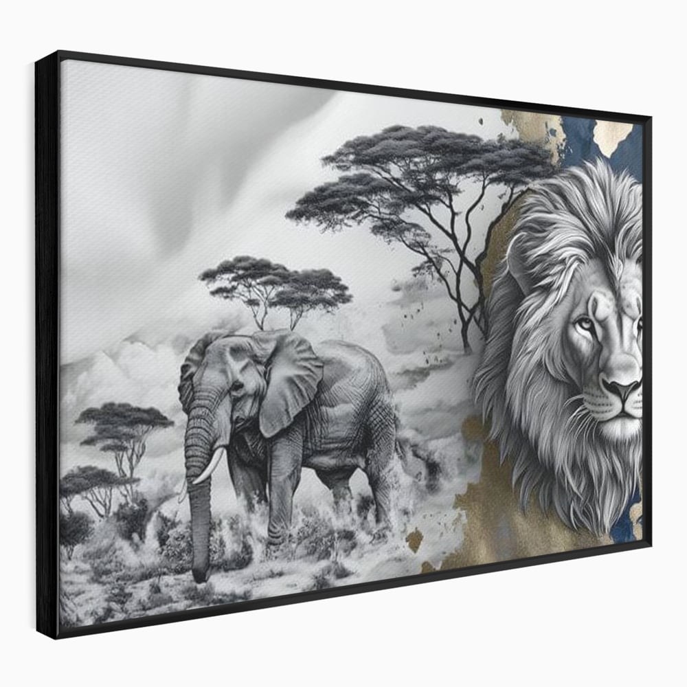 Tablou canvas cu tablou canvas cu leu si elefant, in rama de aluminiu negru